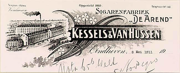 Briefhoofd Kessels &  van Hussen sigarenfabriek de Arend 8-5-1911 opgericht 1883